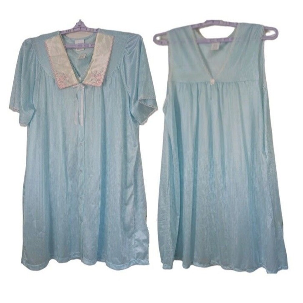 VTG Quiet Moments 2PC Robe Nightgown 3X Mint Green Lace Edging Nylon Cottagecore